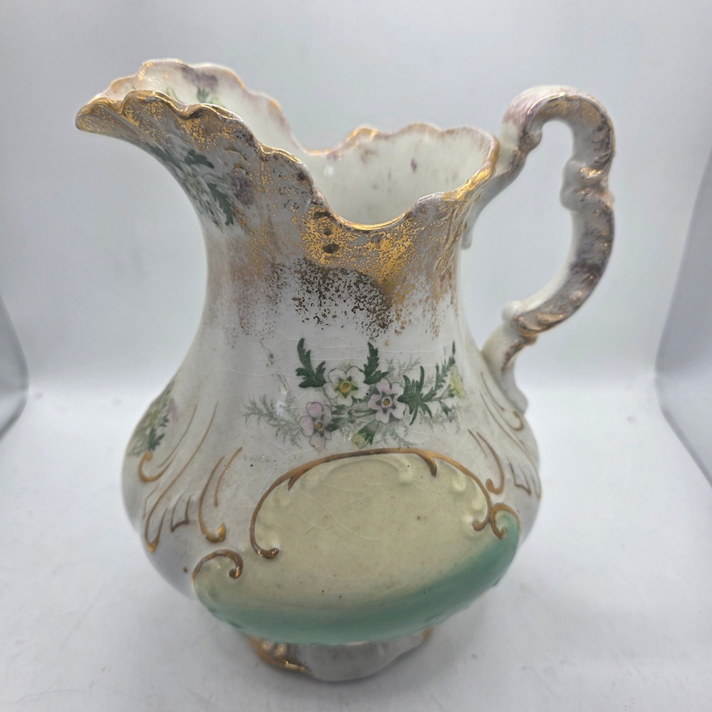 Antique Dewey E.P. Co Porcelain Wash Pitcher Floral Green Gold Victorian Style